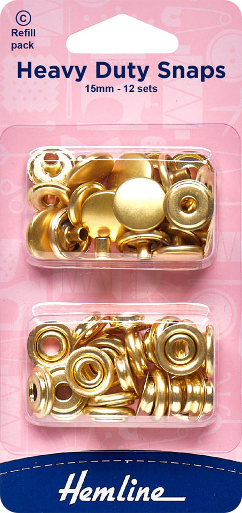 HEMLINE HANGSELL - Heavy Duty Snaps  15mm - Refill 12 Sets - gold