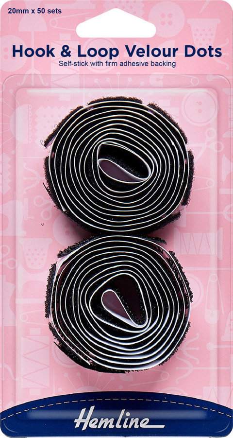 HEMLINE HANGSELL - Stick-On Hook and Loop Dots 20mm x 50 Sets - black